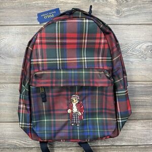 Polo Ralph Lauren Nordic Polo Bear Red Stewart Plaid Nylon Backpack Laptop Bag